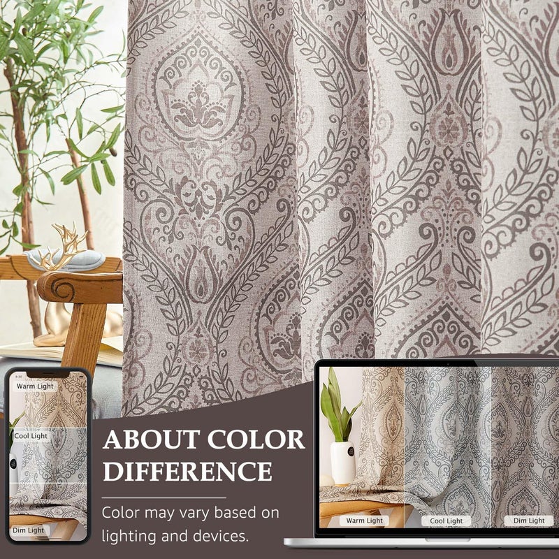 jinchan Linen Textured Curtains for Living Room Darkening 63 Inch Length, Medallion Drapes for Bedroom, Damask Pattern Window Treatments Vintage Curtain Panels, 2 Panels Grey on Greige - Image 3